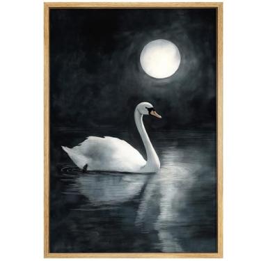 Imagem de Cisne Negro Imagem Lua Lago Pintura Vintage Animal Poster Moody Moon Arte Antiga Cisne Imagem Gótico Escuro Animais Clássicos Arte de Parede de Animais para Sala de Estar Quarto 40 x 61 cm Sem Moldura