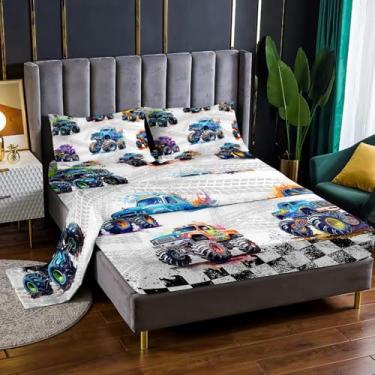 Imagem de AILONEN Jogo de lençol com elástico colorido de 4 peças para quarto de crianças, meninos, caminhões, estampa de bandeira xadrez, bolso alto, 1 lençol de cima com 2 fronhas