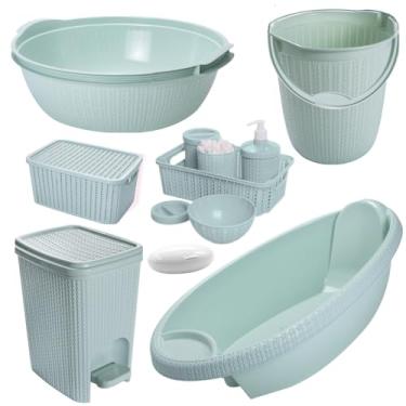 Imagem de Kit 7 Peças Banheira Bebê Trama Plasútil Bacia Balde Lixeira Kit Higiene Infantil (Verde)