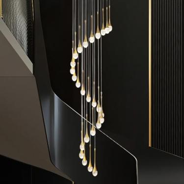 Imagem de Lustre de cristal de 350 cm (138") para hall de entrada, sala de estar ampla com 26 luzes, lustre pendente dourado para escada, lustre de coluna de cristal para teto alto, sótão, dimerizável