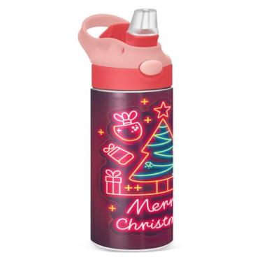 Imagem de YETTASBIN Garrafa de água de árvore de Natal para crianças, 340 g, à prova de vazamento, parede dupla, isolada, copo de viagem com tampa de canudo para meninas, meninos e crianças