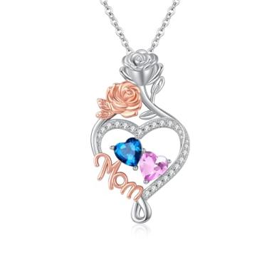 Imagem de WYDDO Colar com coração e amor, pedra do mês de nascimento duplo, joia de flor de rosa, aniversário dos namorados, presente de Natal para avó, esposa, mãe, Base, Zircônia cúbica