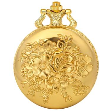 Imagem de Tiong Relógio de bolso floral padrão 3D vintage quartzo relógios de bolso com corrente de Natal, formatura, presentes de aniversário, dia das mães, Cf1219-ouro