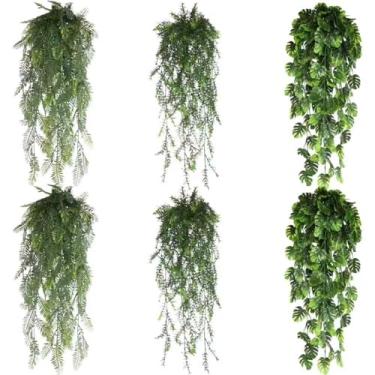 Imagem de Pacote com 6 plantas artificiais penduradas, vasos de eucalipto montados na parede, vegetação sintética de datura, samambaia de Boston, para prateleira interna e externa, planta falsa (folha de tabo