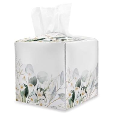 Imagem de Capa quadrada de caixa de lenços de eucalipto, suporte de caixa de lenços de cubo de folhas verdes aquarela, decoração de mesa, organizador de papel facial de couro, dispensador para banheiro, casa