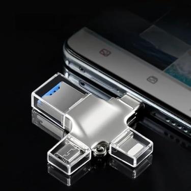 Imagem de 1 leitor de cartão USB OTG 4 em 1 tipo C, USB-A com compartimentos SD/TF/Micro SD, corpo de metal com tampas transparentes, prata