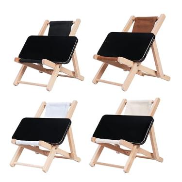 Imagem de Hanpo Suporte de celular de 4 peças para mesa Suporte de celular, cadeira de brinquedos, cadeira de praia de madeira e lona, suporte de mesa para celular inteligente com menos de 14 cm (misto-escuro)