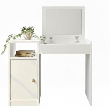 Imagem de Penteadeira Compacta com Espelho Interno camarim escrivaninha com penteadeira，mini penteadeira，mesa de maquiagem，penteadeira de canto(Branco)