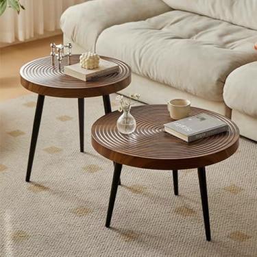 Imagem de Mesa de centro redonda, mesa de centro moderna conjunto de 2 superfícies de madeira com moldura de metal, mesa lateral pequena, mesa lateral para sala de estar, mesa central simples moderna (cor