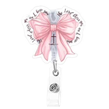 Imagem de Carretel de crachá cristão para enfermeira, versículo bíblico com citações inspiradoras, suporte retrátil para enfermagem, laço rosa acrílico com clipe jacaré para assistente médico, acessório de