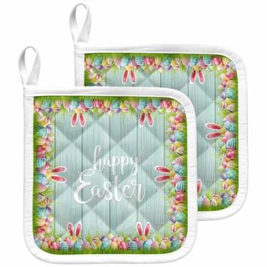 Imagem de Porta-panelas para cozinha Happy Easter Words Bunnies conjunto de 2 pegadores de panela à prova de calor antiderrapante suporte de panela de forno pano de isolamento com laço ovos de ressurreição