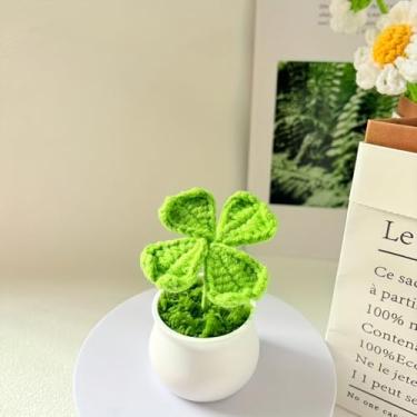 Imagem de Planta artificial de trevo de quatro folhas tecida à mão - pingente irlandês de boa sorte para o dia de São Patrício, casamentos e decoração de mesa, presente de planta falsa de baixa manutenção