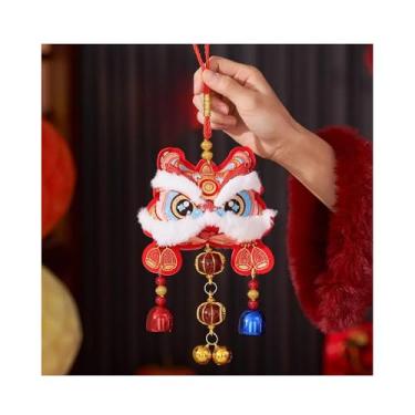 Imagem de Pingente de leão dançante veludo vermelho festival primavera ano novo chinês enfeites para pendurar casa parede porta decoração estilo sino