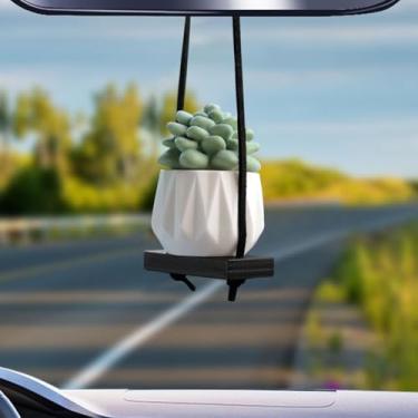 Imagem de DUSCOKE Ornamento de cacto balançando suculenta para pendurar, pingente criativo de espelho retrovisor de carro, pingente de espelho automotivo de planta em vaso fofo, acessório de decoração de