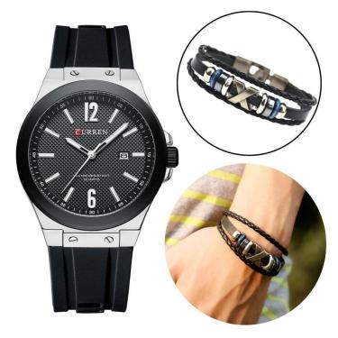 Imagem de Kit Relógio Masculino Original Curren Luxo + Bracelete Couro-Masculino
