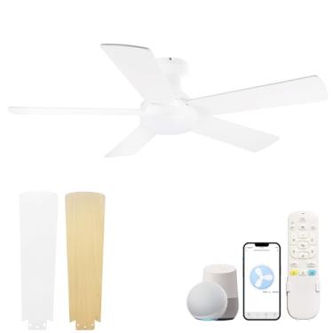 Imagem de wodiston Ventilador de teto embutido de 106 cm com controle remoto de luzes, ventilador de teto de perfil baixo funciona com o aplicativo Alexa Google, ventilador branco interno e externo para quarto