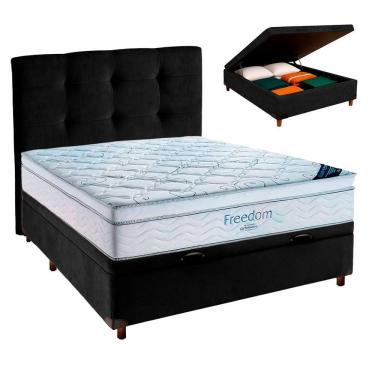Imagem de Cama Box Baú Preto + Colchão Casal Freedom Ortobom + Cabeceira