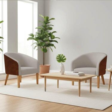 Imagem de Poltrona Sala Decorativa Kit 2 Stella Pé Madeira Trapézio Castanho Sintético Pu Nozes-linho Cinza D03 - D'rossi