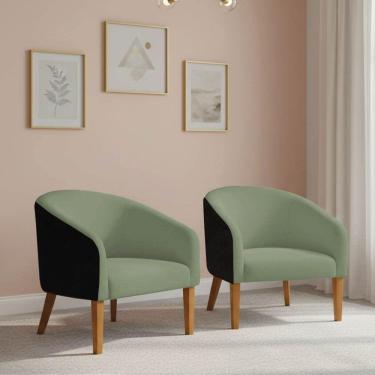 Imagem de Poltrona Sala Decorativa Kit 2 Stella Pé Madeira Trapézio Castanho Sintético Pu Preto-bouclê Pistache D03 - D'rossi