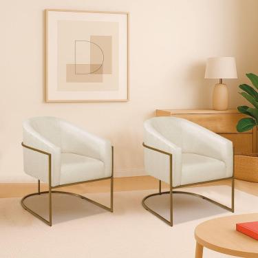 Imagem de Kit 2 Poltronas Decorativa Jade Moderno Escritório Confortável Luxo Base De Ferro Dourado Bouclé Cor Bege