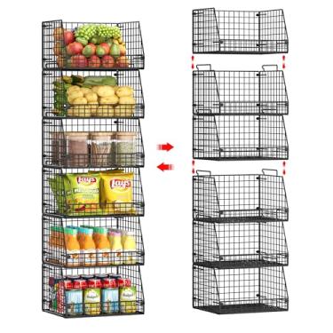 Imagem de Cestas de arame empilháveis para despensa, 6 caixas de armazenamento de metal para lanche de cozinha, armazenamento de frutas, batatas, cebolas e vegetais, cestas de arame para organização de despensa