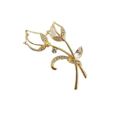 Imagem de Broche de flor de tulipa elegante com detalhes em cristal em liga dour