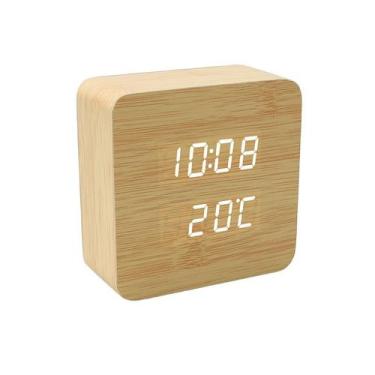 Imagem de Despertador LED digital de madeira de bambu controlada por voz - yiwei