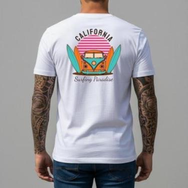 Imagem de Camiseta Masculina California Surfing Paradise Algodão Slim Fit Camisa Surf Retrô Manga Curta-Masculino
