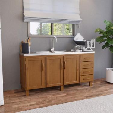 Imagem de Balcão de Pia para Cozinha 160 cm 3 Portas 4 Gavetas Frida Imbuia Fosc