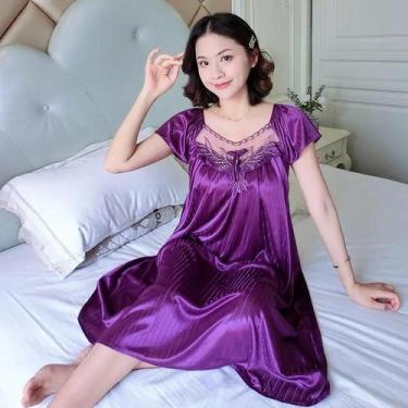 Imagem de Camisola Feminina Sexy de Seda Gelada - Manga Curta e Comprimento Médi