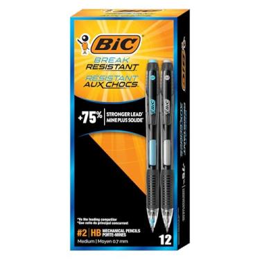 Imagem de BIC Lápis mecânicos resistentes a quebras com borrachas, ponta média nº 2 (0,7 mm), pacote com 12 lápis para escola ou escritório