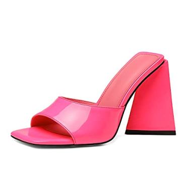 Imagem de Sandálias femininas de salto quadrado aberto com bico quadrado e salto alto com bloco triangular, sandálias de salto alto estranho, Vermelho rosa, 8.5