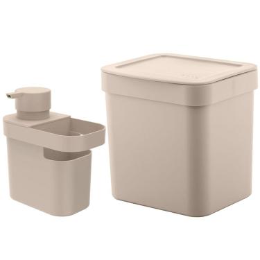 Imagem de Lixeira Para Pia De Cozinha 4,7L E Dispenser Porta Detergente E Organizador 650ml Bege OU