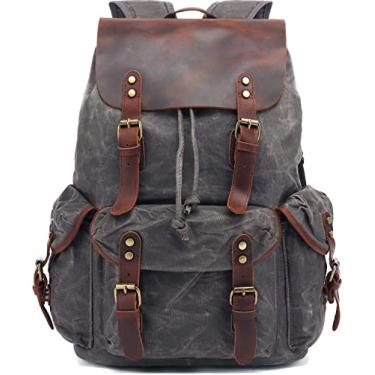 Imagem de Mochila de couro HuaChen de lona para homens e mulheres, vintage encerada para viagem, mochila grande para laptop e escola, Cinza, Large