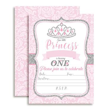 Imagem de Convites de festa de aniversário de princesa damasco rosa e prata para meninas, 20 5x7 cartões de preenchimento com vinte envelopes brancos por AmandaCreation
