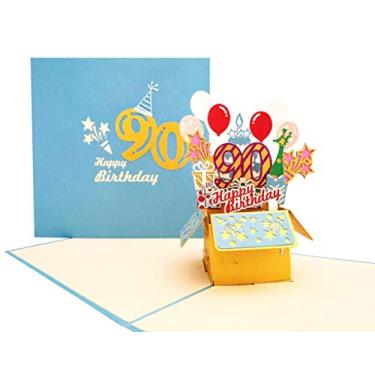 Imagem de iGifts And Cards Happy 90th Blue Birthday Party Box 3D Pop Up Cartão de felicitações - Noventa, incrível, balões, único, celebração, Feliz Cumpleaños, Divertido, Mãe, Pai