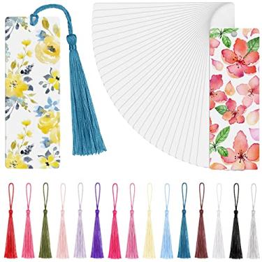 Imagem de Marcador de página em branco de sublimação de 30 peças, transferência de calor, metal, alumínio, faça você mesmo, com furo e borlas coloridas para artesanato, aniversário, casamento, chaveiros em branco de sublimação, impressão em um lado