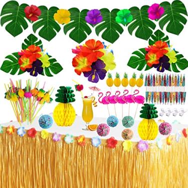 Imagem de Conjunto de decorações de festa de luau tropical, lembrancinhas de festa de praia havaiana, artigos de festa de luau com saia de mesa de grama luau, folhas de palmeira, flores de hibisco, canudos de frutas 3D, decorações de flamingo e abacaxi