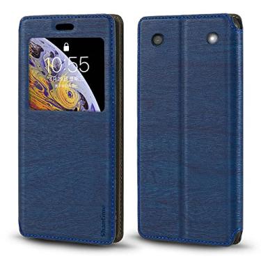 Imagem de Capa curva para BlackBerry 9320, capa de couro de grão de madeira com porta-cartão e janela, capa magnética para BlackBerry 9320 Curve (6,2 cm) azul