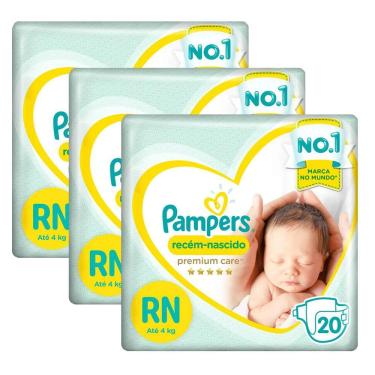 Imagem de Kit 3 Fraldas Descartáveis Pampers Premium Care Recém-Nascido RN 20 Unidades