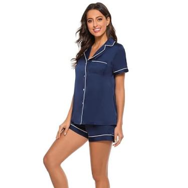 Imagem de LUZBOSE Pijama feminino – Conjunto de pijama macio e confortável, cardigã de manga curta (GG, azul marinho)