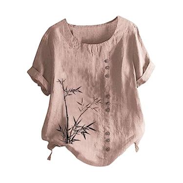 Imagem de Camiseta feminina de linho, gola redonda, manga curta, estampada, folgada, casual, túnica, camisa de verão, rosa, P