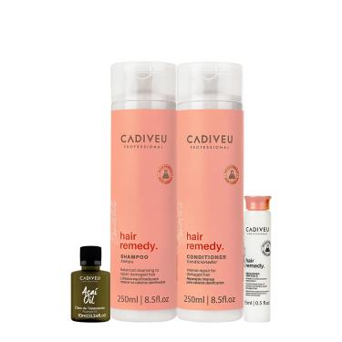 Imagem de KIT CADIVEU ESSENTIALS HAIR REMEDY SHAMPOO CONDICIONADOR AMPOLA E AçAí OIL (4 PRODUTOS) 