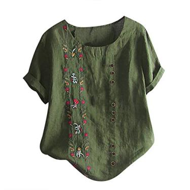 Imagem de Camisetas femininas de linho, estampa floral, manga curta, gola redonda, botões, caimento solto, casual, túnica, Verde militar, 4G