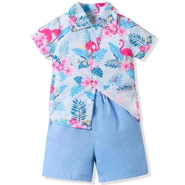 Imagem de Kionio Conjunto de shorts para bebês meninos, camisas havaianas com botões, shorts lisos, roupas de verão estampadas, conjuntos de roupas para meninos, #2 Flor Flamingo Azul Claro, 4-5 Anos