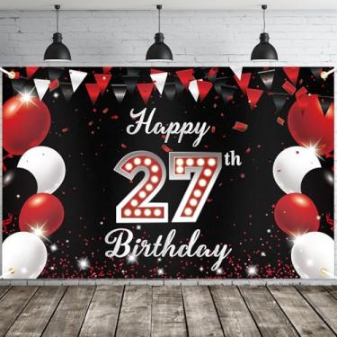 Imagem de JOYKY Faixa de feliz aniversário de 27 anos, decoração de festa de feliz aniversário de 27 anos vermelha preta para homens e mulheres, decoração de pano de fundo, 15 x 9 metros
