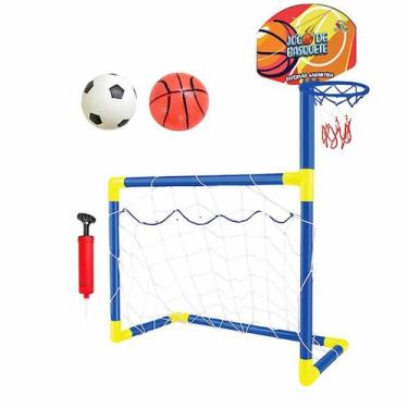 Imagem de Kit Golzinho com Basquete Trave Futebol Rede 2 Bolas e Bomba Brinquedo
