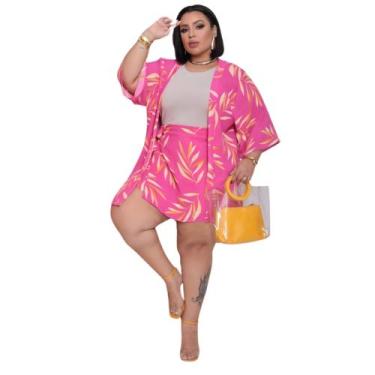 Imagem de Conjunto Kimono Shorts Saia Estampado Plus Size 2 Geração G1,G2,G3 e G