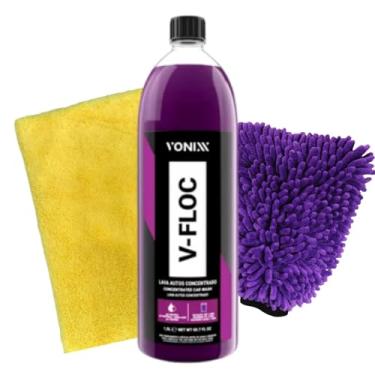 Imagem de Vonixx Kit Lava Auto V-Floc, Shampoo Concentrado 1,5L com Flanela Amarela e Luva de Microfibra Roxa