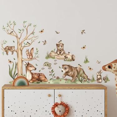 Imagem de BOAMAU Adesivos de parede de animais selvagens floresta safári decalques de parede quarto de criança quarto de bebê decoração de quarto de bebê (árvore de cervo manchado de urso)